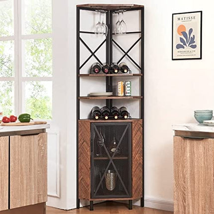 HOMISSUE 5-Tier Corner Shelf with Cabinet, Multipurpose Corner Shelf with Wine Rack and Bar Cabinet, Free Standing Corner Storage Cabinet for Living Room, Home Bar, Home Office, Balcony, Brown