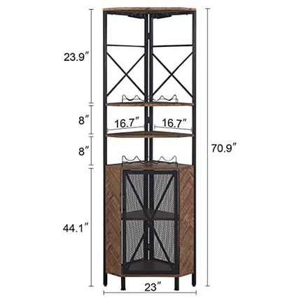 HOMISSUE 5-Tier Corner Shelf with Cabinet, Multipurpose Corner Shelf with Wine Rack and Bar Cabinet, Free Standing Corner Storage Cabinet for Living Room, Home Bar, Home Office, Balcony, Brown