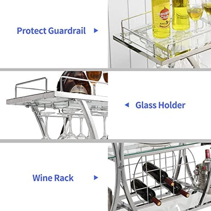 HOMYSHOPY Bar Serving Cart with Glass Holder and Wine Rack, 3-Tier Kitchen Trolley with Tempered Glass Shelves and Chrome-Finished Metal Frame, Mobile Wine Cart for Home (Silver)