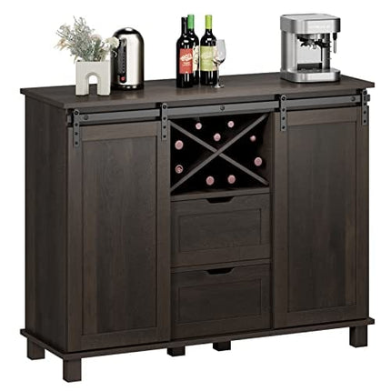 HOSTACK Farmhouse Buffet Sideboard Cabinet, Coffee Bar Cabinet with 2 Drawers and Adjustable Shelves, Sliding Barn Door Storage Cabinet with Wine Rack for Kitchen, Dining Room, Dark Brown