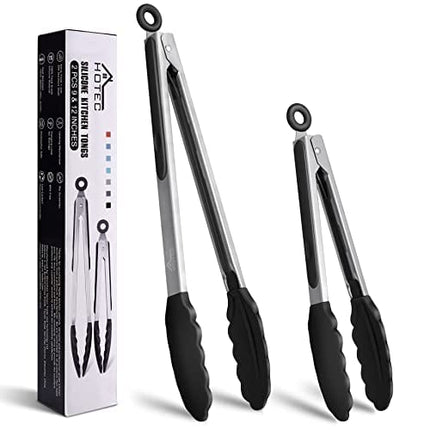 HOTEC Premium Stainless Steel Locking Kitchen Tongs with Silicon Tips, Set of 2-9" and 12"