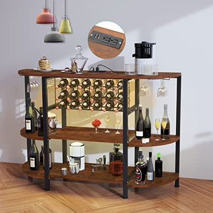 HSSZXFR Wine Bar Cabinet with Power Outlets and Led Lights, Industrial Liquor Cabinet with Wine Rack, Freestanding Floor Wine Cabinet, Multifunctional Wine Bakers Rack for Bar, Buffet, and Living Room