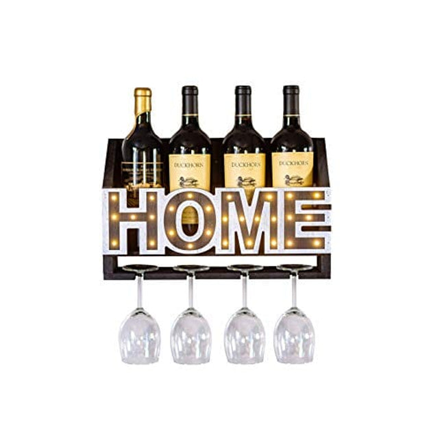 ienjoyware Wooden Wall Mounted Home LED Wine Rack and Glass Holder – Wall Décor for Home Interior – Wine Racks Display with LED – 4-Bottle and 4-Glass Holder