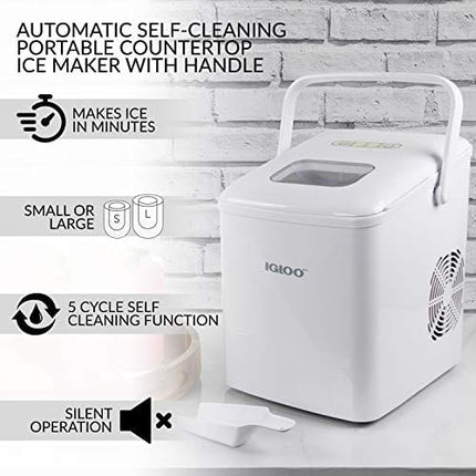 Igloo ICEB26HNWHN Automatic Self-Cleaning Portable Electric Countertop Ice Maker Machine With Handle, 26 Pounds in 24 Hours, 9 Ice Cubes Ready in 7 minutes, With Ice Scoop and Basket, White