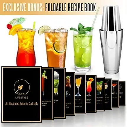 Ignite Lifestyle Boston Cocktail Shaker - Professional Grade Unweighted 18oz & Weighted 28oz Boston Shaker Set + Recipes Book - Martini Shaker - Easy to Clean Bartender Kit - Drink Shaker/Drink Mixer