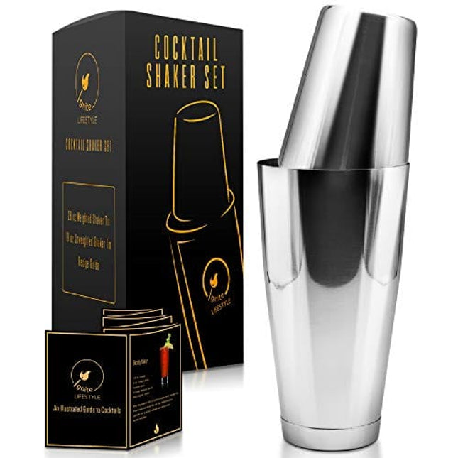 Ignite Lifestyle Boston Cocktail Shaker - Professional Grade Unweighted 18oz & Weighted 28oz Boston Shaker Set + Recipes Book - Martini Shaker - Easy to Clean Bartender Kit - Drink Shaker/Drink Mixer