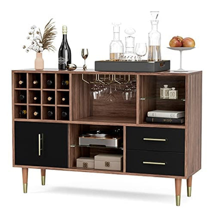 IKIFLY Accent Kitchen Buffet Sideboard with Storage, Wood Cabinet Server Cupboard with 12 Wine Bottle Rack, Stemware Holder and Drawers, Console Table for Kitchen Living Room, 47 Inch - Walnut/Black