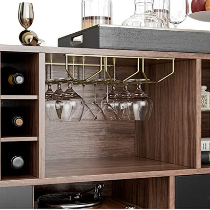 IKIFLY Accent Kitchen Buffet Sideboard with Storage, Wood Cabinet Server Cupboard with 12 Wine Bottle Rack, Stemware Holder and Drawers, Console Table for Kitchen Living Room, 47 Inch - Walnut/Black