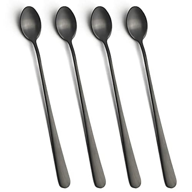 Long Handle Spoons, 9-inch Black Iced Tea Spoons, Coffee Stirrers, IQCWOOD Stainless Steel Coffee Spoons Bar Spoon, Coffee Bar Tea Spoons Long Teaspoons Cocktail Spoons for Stirring, Set of 4