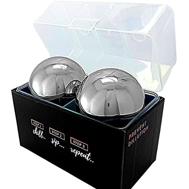 Whiskey Stones Stainless Steel Ice Cube - Giant Whiskey Balls Drink Chiller - Whisky Stone Set of 2 Chilling Stones - Whiskey Ball - Cool Bourbon Gifts for Men