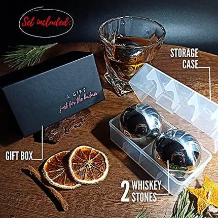 Whiskey Stones Stainless Steel Ice Cube - Giant Whiskey Balls Drink Chiller - Whisky Stone Set of 2 Chilling Stones - Whiskey Ball - Cool Bourbon Gifts for Men