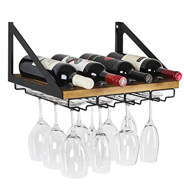 JACKCUBE Design Rustic Wood Wall Mount Wine Rack with 4 Metal Wire Glass Holder Home Kitchen Décor Storage Rack- MK478A