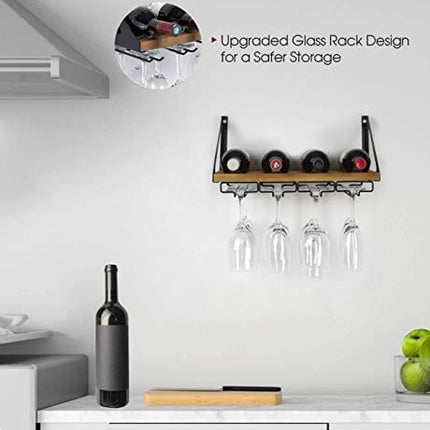 JACKCUBE Design Rustic Wood Wall Mount Wine Rack with 4 Metal Wire Glass Holder Home Kitchen Décor Storage Rack- MK478A
