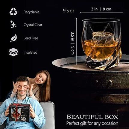 Vride Crystal Whiskey Glasses/ Set of 2 /Matching Engraved Silicone Ice Ball Mold Tray/ 9oz Heavy Tumbler Whisky Hand Blown Glass/ Scotch Bourbon Manhattan Old Fashion Cocktail/ Gift Set Men