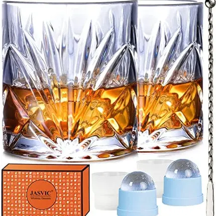 JASVIC Whiskey Glasses Set with Gift Box, 10 Oz Crystal Rocks Glasses, 2 Old Fashioned Glass Tumbler with 2 Ice Molds and 1 Swizzle Spoon for Whiskey Cocktail Bourbon Liquor Scotch