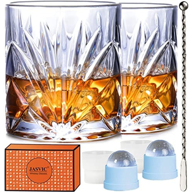 JASVIC Whiskey Glasses Set with Gift Box, 10 Oz Crystal Rocks Glasses, 2 Old Fashioned Glass Tumbler with 2 Ice Molds and 1 Swizzle Spoon for Whiskey Cocktail Bourbon Liquor Scotch