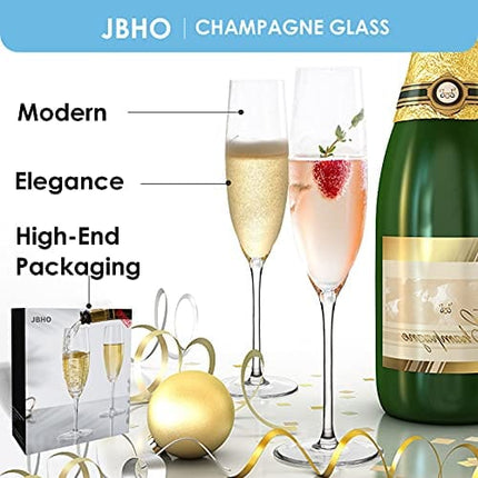 JBHO Champagne Glasses-Elegant Flutes-Gift-Box-Hand Blown Champagne Flutes Glass-100% Lead-Free Premium Crystal - Gift Idea for Wedding, Anniversary, Christmas,New Year-Set of 4-8oz, Clear