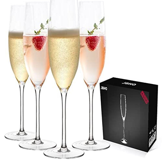 JBHO Champagne Glasses-Elegant Flutes-Gift-Box-Hand Blown Champagne Flutes Glass-100% Lead-Free Premium Crystal - Gift Idea for Wedding, Anniversary, Christmas,New Year-Set of 4-8oz, Clear