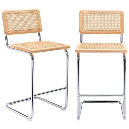 JIRAIN 24.3" Rattan Counter Stools Set of 2, Counter Height Bar Stools, Mid Century Modern Bar Stool with Cane Backrest & Seat, Armless Bar Chairs with Metal Legs for Kitchen Counter