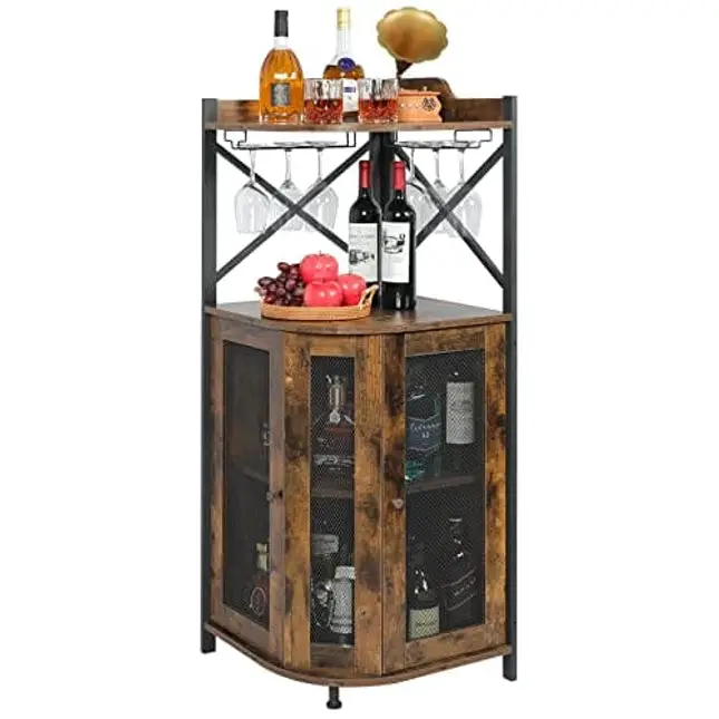 JKsmart Corner Bar Cabinet with Glass Holder,Industrial Wine Cabinet with Mesh Door,Wine Bar Cabinet with Adjustable Shelf,Home Bar for Liquor and Wine Storage,Rustic Brown