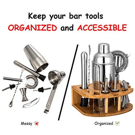 Cocktail Shaker Set with Stand | Perfect Bartender Kit for Home and Bar-Bar Tools Set: 24oz Martini Shaker, Muddler, Jigger, Strainer, Mixer Spoon, Tongs, Corkscrew, 2 Liquor Pourers, Recipes Cards