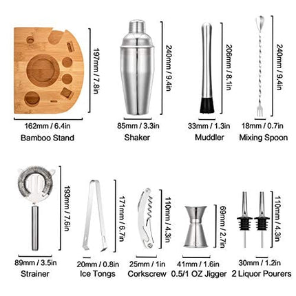 Cocktail Shaker Set with Stand | Perfect Bartender Kit for Home and Bar-Bar Tools Set: 24oz Martini Shaker, Muddler, Jigger, Strainer, Mixer Spoon, Tongs, Corkscrew, 2 Liquor Pourers, Recipes Cards