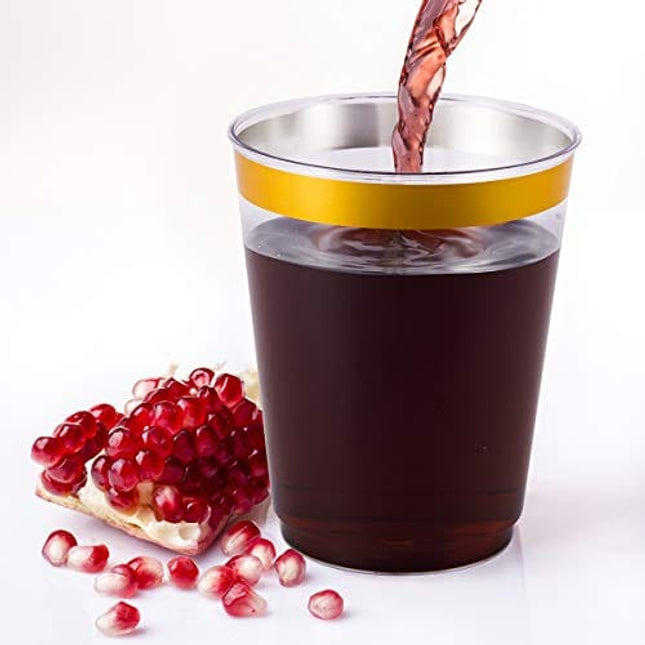 JOLLY CHEF 100 Pack 10 oz Gold Plastic Cups, Clear Plastic Cups Tumblers, Elegant Gold Rimmed Plastic Cups, Disposable Cups with Gold Rim Perfect for Weddings, Thanksgiving Day, Christmas