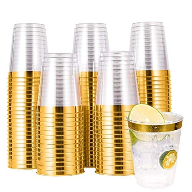 JOLLY CHEF 100 Pack 10 oz Gold Plastic Cups, Clear Plastic Cups Tumblers, Elegant Gold Rimmed Plastic Cups, Disposable Cups with Gold Rim Perfect for Weddings, Thanksgiving Day, Christmas