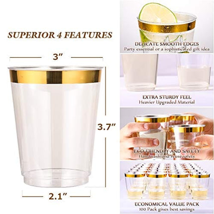 JOLLY CHEF 100 Pack 10 oz Gold Plastic Cups, Clear Plastic Cups Tumblers, Elegant Gold Rimmed Plastic Cups, Disposable Cups with Gold Rim Perfect for Weddings, Thanksgiving Day, Christmas