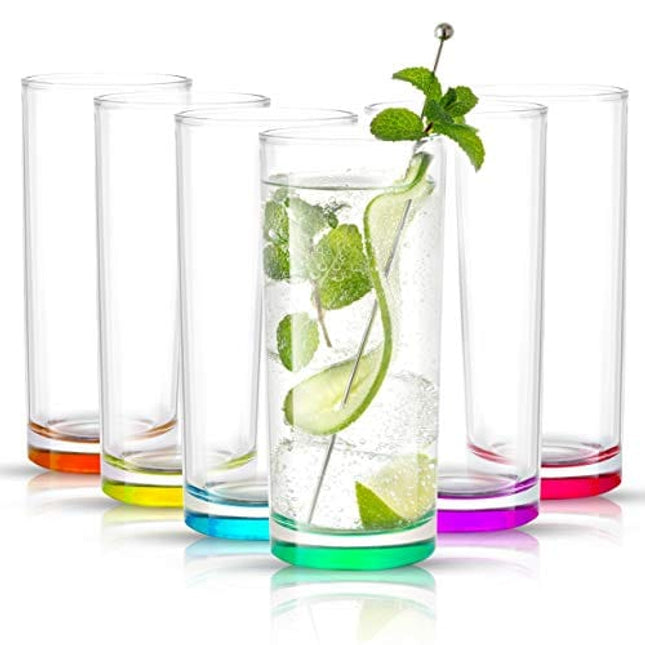 JoyJolt Highball Glasses – Set of 6 Colored Drinking Glasses – Glassware Set for Mixed Drinks, Cocktails, or Water – Elegant and Festive Design – Drink Glasses with In-Glass Coloring – 12oz