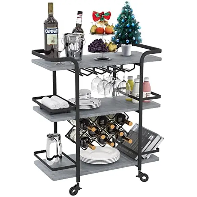 Jubao 3-Tier Bar Cart for The Home, Mobile Serving Bar Cart with Glass Holders and 8 Wine Racks Storage, Wine Trolley Kitchen Island Cart on Wheels, Modern Coffee Bar Cart for Kitchen Outdoor