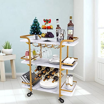 Jubao Gold Bar Cart, 3-Tier Bar Cart Gold, Home Bar Serving Cart with Glass Holders and 8 Wine Racks, Modern Marbled Solid Wood Cart on Wheels, Elegant Coffee Bar Cart for Kitchen Party Outdoor