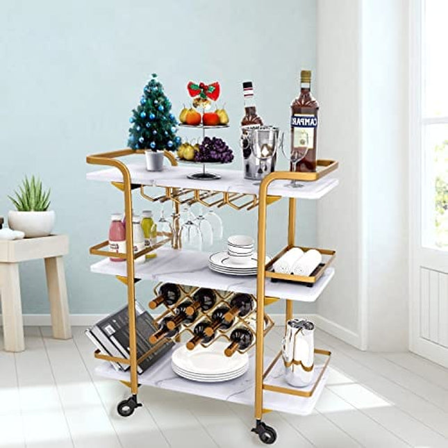 Jubao Gold Bar Cart, 3-Tier Bar Cart Gold, Home Bar Serving Cart with Glass Holders and 8 Wine Racks, Modern Marbled Solid Wood Cart on Wheels, Elegant Coffee Bar Cart for Kitchen Party Outdoor
