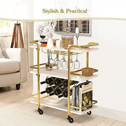 Jubao Gold Bar Cart, 3-Tier Bar Cart Gold, Home Bar Serving Cart with Glass Holders and 8 Wine Racks, Modern Marbled Solid Wood Cart on Wheels, Elegant Coffee Bar Cart for Kitchen Party Outdoor