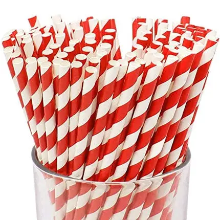 Just Artifacts Premium Disposable Drinking Striped Paper Straws (100pcs, Red)