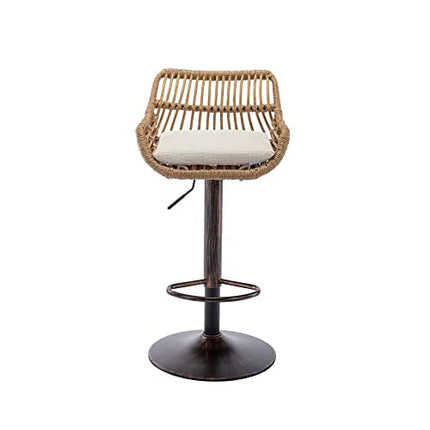 Kakotito Rattan Bar Stools, Adjustable Barstools with Linen Cushion, 360° Swivel Bar Stool with Low Back & Footrest, Classical Barstool Set of 2 for Kitchen and Bar (Brown)