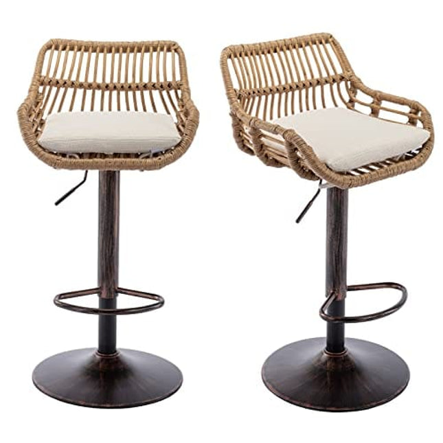 Kakotito Rattan Bar Stools, Adjustable Barstools with Linen Cushion, 360° Swivel Bar Stool with Low Back & Footrest, Classical Barstool Set of 2 for Kitchen and Bar (Brown)
