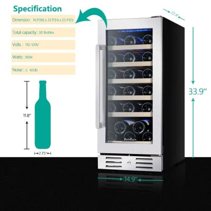 Kalamera 15" Wine Cooler Refrigerator, Mini Fridge, 30 Bottle Built-in/Freestanding Wine Fridge, Seamless Stainless Steel & Double-Layer Tempered Glass Door, Temperature Memory Function for Wine
