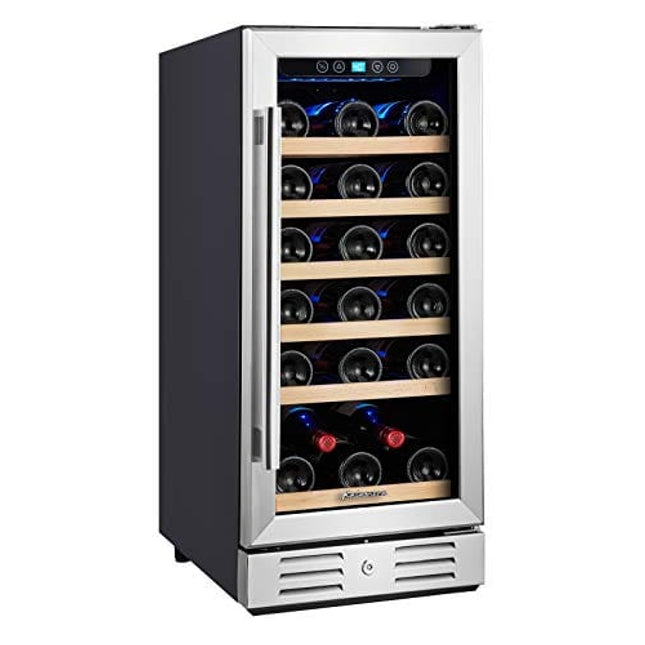Kalamera Mini Fridge 15" Wine Cooler Refrigerator - 30 Bottle Wine Fridge with Stainless Steel Refrigerator& Double-Layer Tempered Glass Door and Temperature Memory Function Built-in or Freestanding