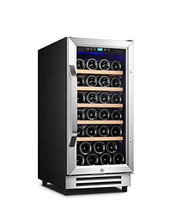 Karcassin 15 Inch Wine Cooler, 32 Bottle Wine Refrigerator with Stainless Steel Tempered Glass Door, Fit Red & White Wine, Built-in or Freestanding