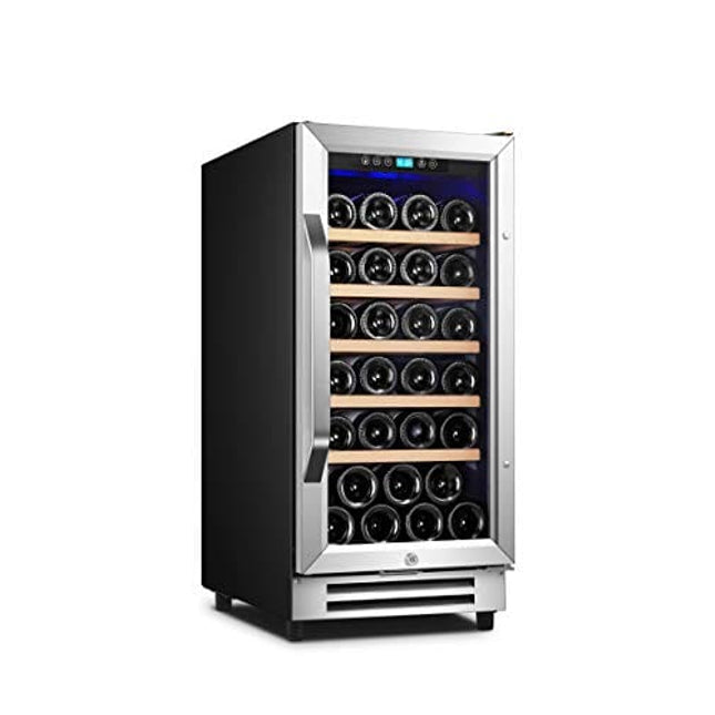Karcassin 15 Inch Wine Cooler, 32 Bottle Wine Refrigerator with Stainless Steel Tempered Glass Door, Fit Red & White Wine, Built-in or Freestanding