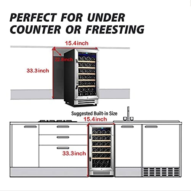Karcassin 15 Inch Wine Cooler, 32 Bottle Wine Refrigerator with Stainless Steel Tempered Glass Door, Fit Red & White Wine, Built-in or Freestanding
