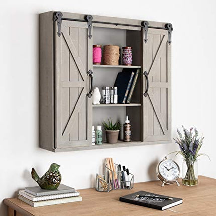 Kate and Laurel Cates Decorative Wood Wall Storage Cabinet with Two Sliding Barn Doors, Rustic Gray