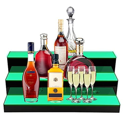KERTY LED Lighted Liquor Bottle Display Shelf， 24 Inch 3 Step Acrylic Mounted Wine Racks for Commercial Home Bar, Illuminated Bar Bottle Lighting Shelves with Remote and App Control