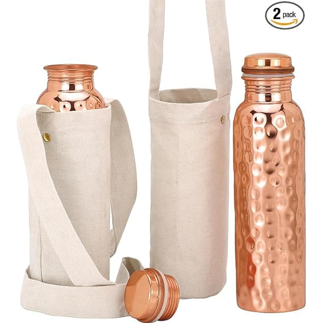Authentic Ayurvedic Copper Water Bottle Pack of 2 for Drinking Water | Large 34OZ Copper Vessel | 2 Canvas Bottle Carrying Bags