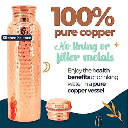 Kitchen Science Water Bottle (32oz/950ml) w/a Carrying Canvas Bag | 100% Pure Copper Bottle for Drinking Water | Lab-Tested, Heavy Duty & Leak-Proof | Authentic Ayurvedic Copper Bottle