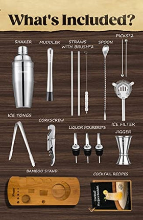 KITESSENSU Cocktail Shaker Set Bartender Kit with Stand | Bar Set Drink Mixer Set with All Essential Bar Accessory Tools: Martini Shaker, Jigger, Strainer, Mixer Spoon, Muddler, Liquor Pourers |Silver