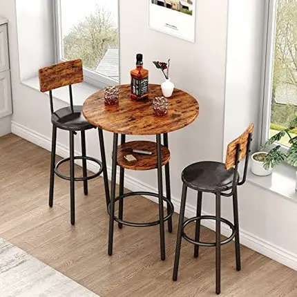 KIVENJAJA 3-Piece Bar Table Set for 2, Small 2-Tier Round Bistro Pub Dining Table & PU Upholstered Stools with Backrest, Counter Height Table and Chairs Set for Kitchen Small Space, Rustic Brown