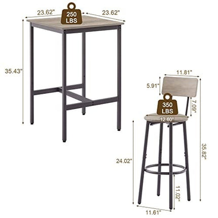 KIVENJAJA Bar Table and Chairs Set for 2, 3-Piece Small Square Pub Bistro Table and Upholstered Stools with Backrest, Counter Height Dining Table Set for Kitchen Small Space, Grey