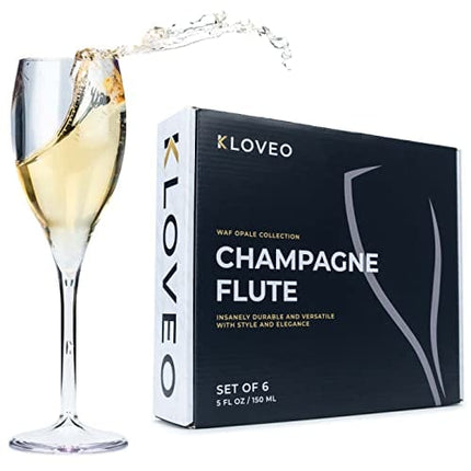 KLOVEO Plastic Champagne Flutes - Set of 6 - Made in Italy - Insanely Durable and Versatile Plastic Champagne Glasses - Reusable, Dishwasher Safe, Mimosa Glasses, White Wine Glasses - 5 oz, Clear